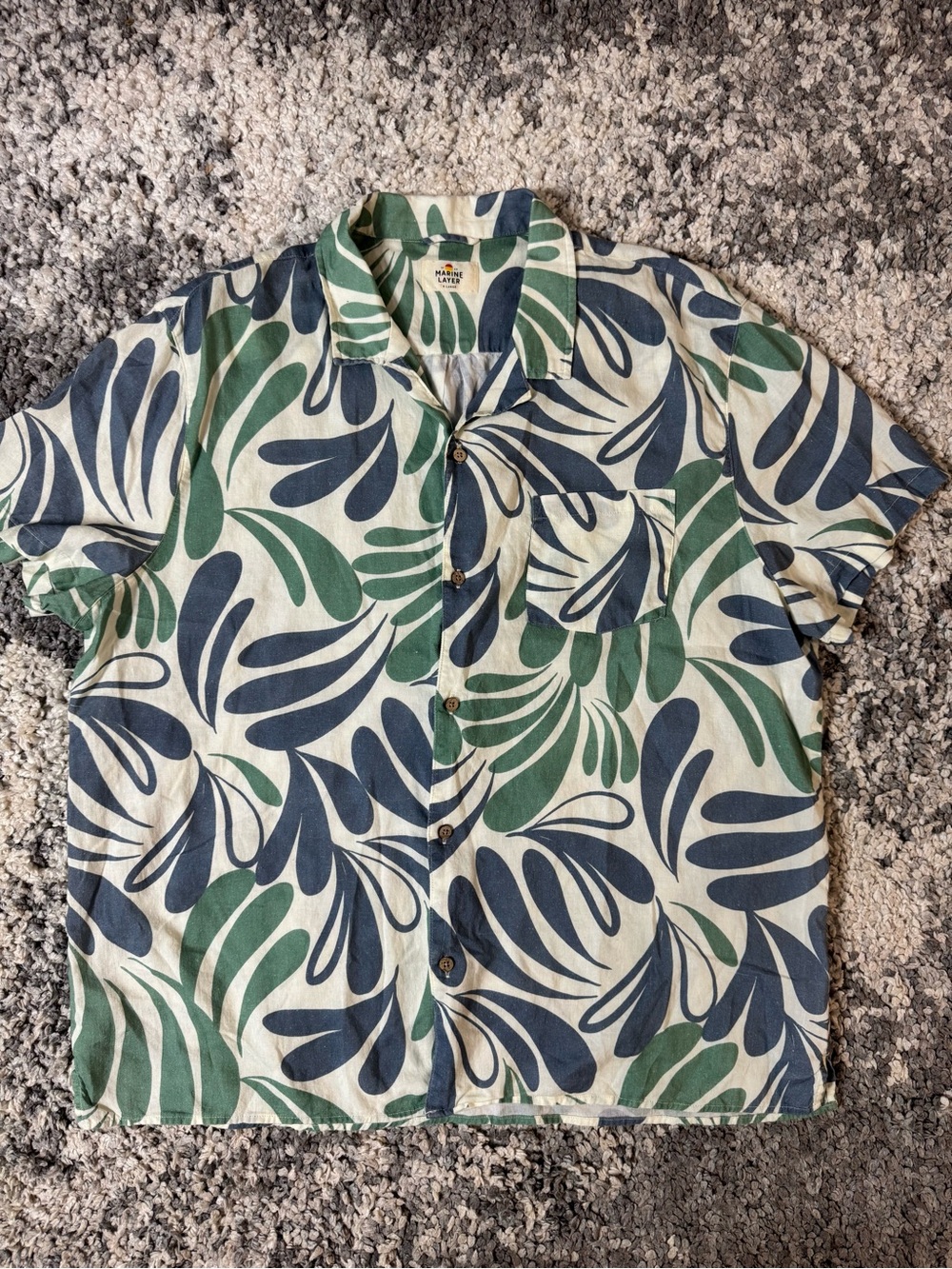 Marine Layer, Mens Blue & Green Leaf Print Short Sleeve Button Down Shirt, XL